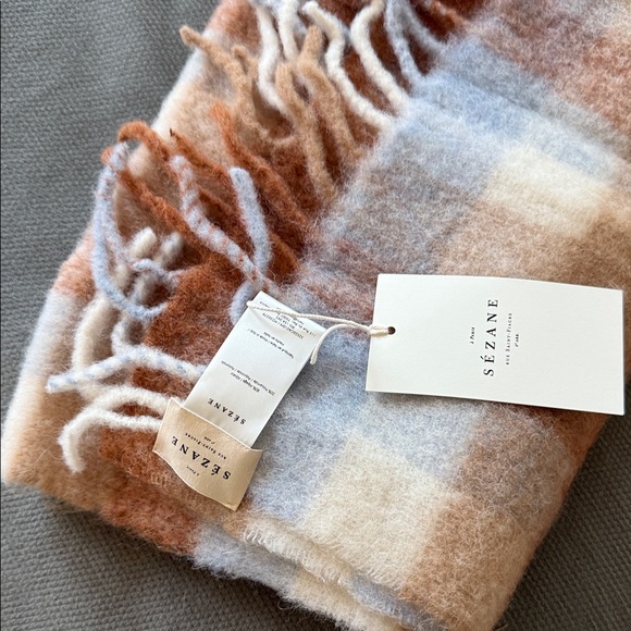 Sezane Soft Plaid Scarf in Blue and Tan - Picture 3 of 3
